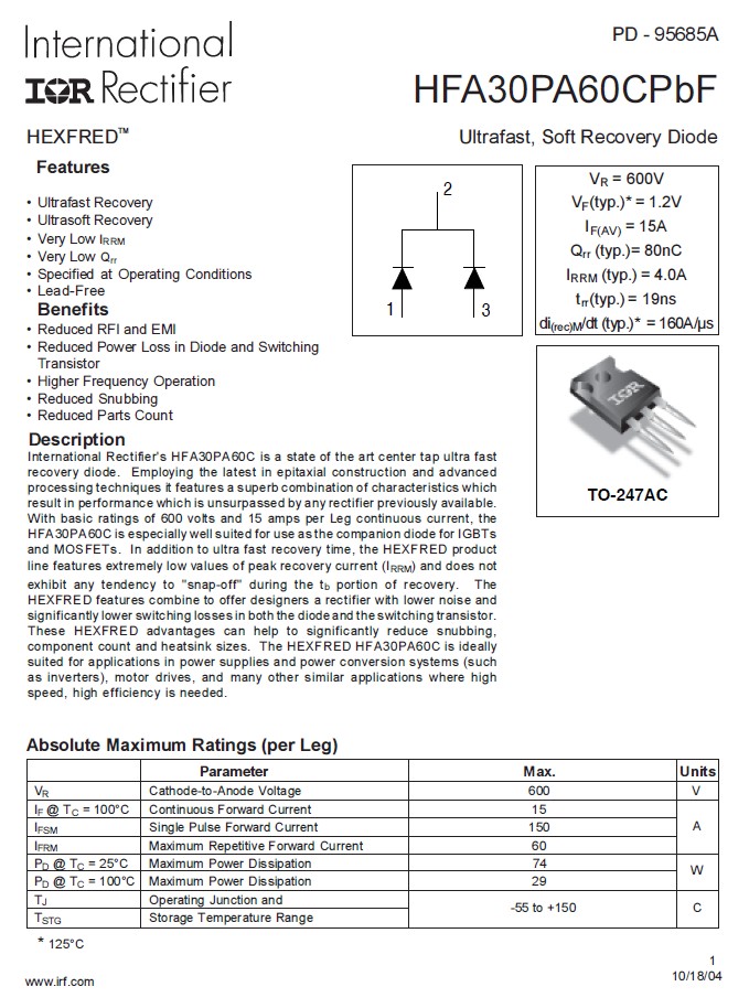 Dióda DUAL 600V 2x15A <19nS Vf:1.3V SMPS HFA30PA60C HFA30PA60C - Dióda DUAL 600V 2x15A <19nS Vf:1.3V SMPS HFA30PA60C HFA30PA60C -