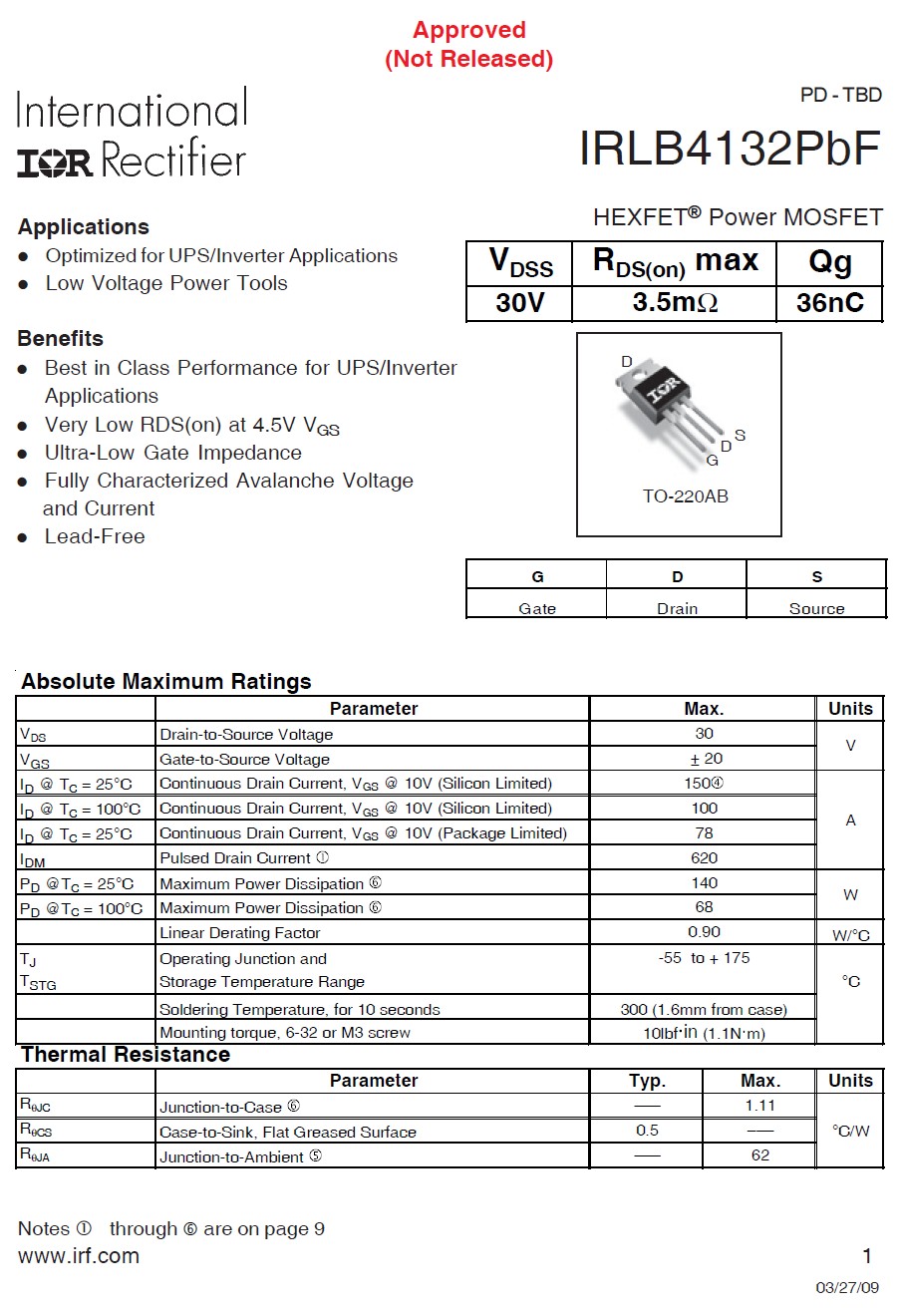 Tranzisztor N-MOSFET 30V 150A/620Ap. 140W 2.5mR (100A) IRLB4132 IRLB4132 - Tranzisztor N-MOSFET 30V 150A/620Ap. 140W 2.5mR (100A) IRLB4132 IRLB4132 -