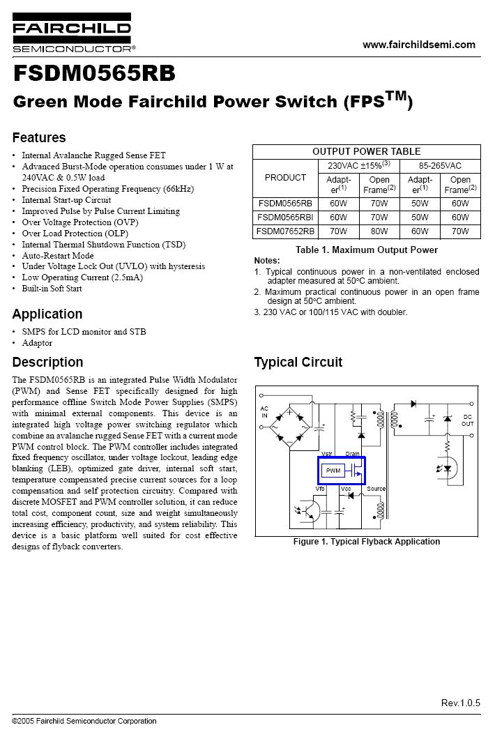 FSDM0565RBIWDTU POWER SW.650V 35W 66KHz I2-Pak-6L FSDM0565RBI