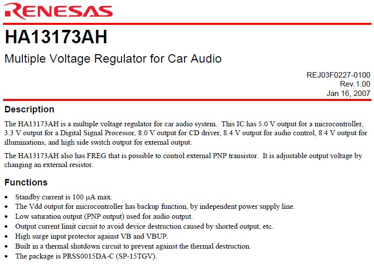 Multiple Voltage Regulator for Car Audio 15p. HA13173AH
