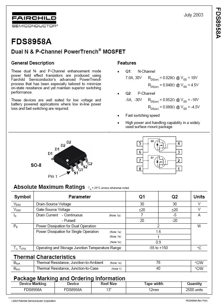 Tranzisztor N&P-MOSFET DUAL SMD 30V 7A & 5A 2W FDS8958A FDS8958A - Tranzisztor N&P-MOSFET DUAL SMD 30V 7A & 5A 2W FDS8958A FDS8958A -