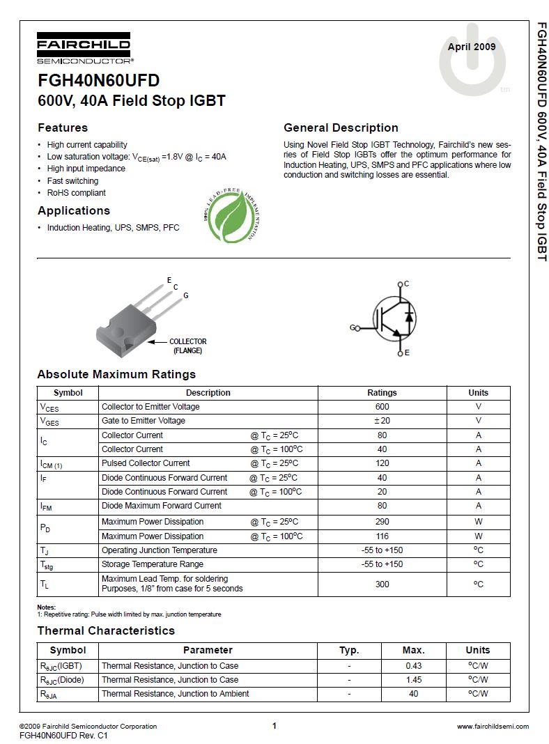 N-IGBT+D 600V 80A/120Ap 290W (40A) Vce(sat)1.8V FGH40N60UFD